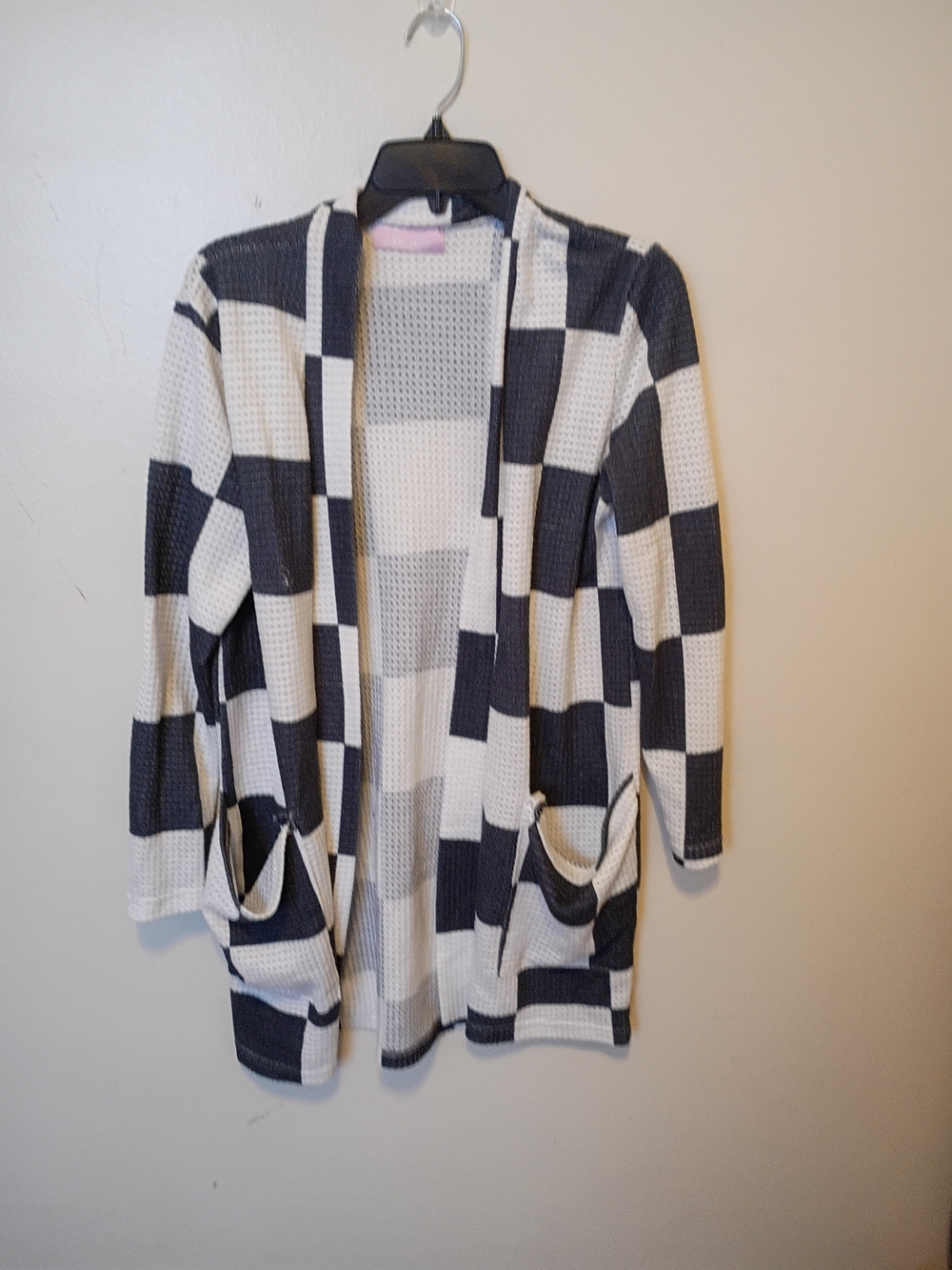 Open-Front Checkered Cardigan - Black and White